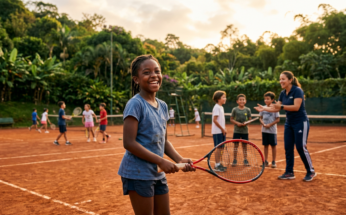 Young tennis players on a community court in Colombia
